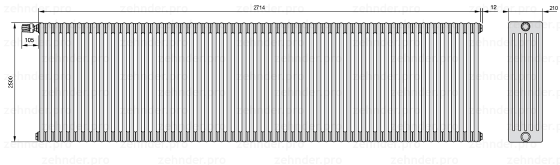Схема (чертеж) Радиатор Zehnder Charleston 6250/59 №V011 Белый глянцевый RAL 9016